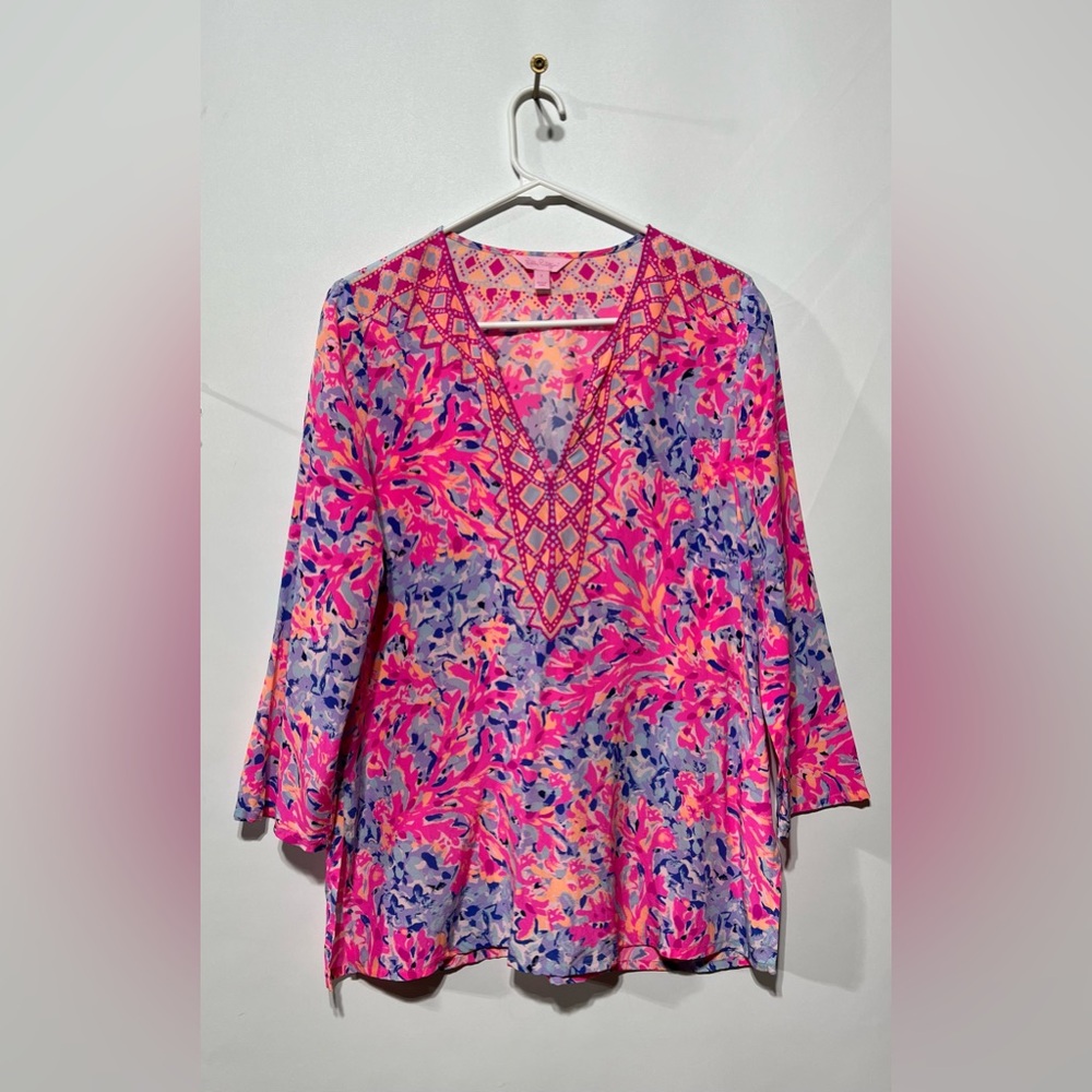 Lilly‎ Pulitzer Renato Silk Tunic In Palm Beach Coral Women’s Size Small